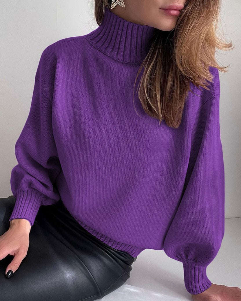 Puff Sleeve Ribbed Waist Turtleneck Sweater - DarkPurple