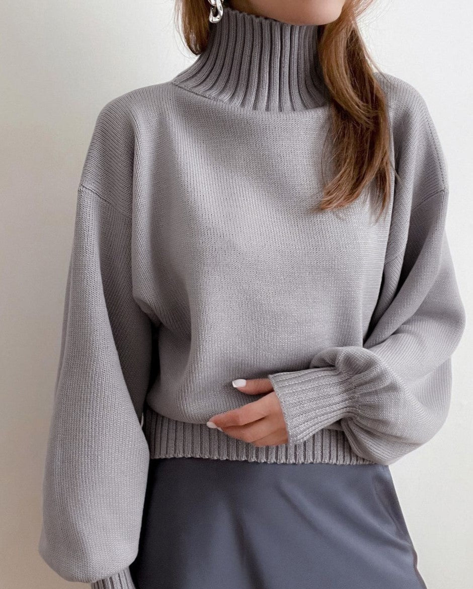 Puff Sleeve Ribbed Waist Turtleneck Sweater - Grey