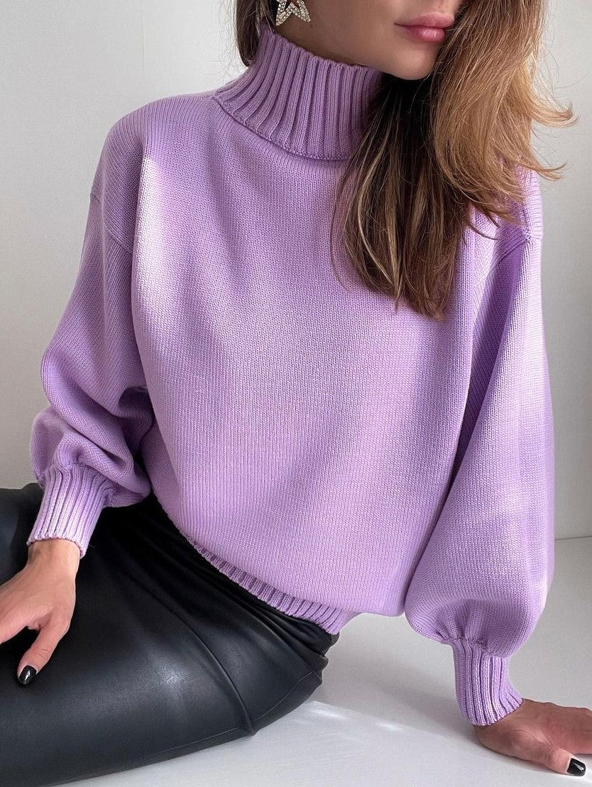 Puff Sleeve Ribbed Waist Turtleneck Sweater - Purple