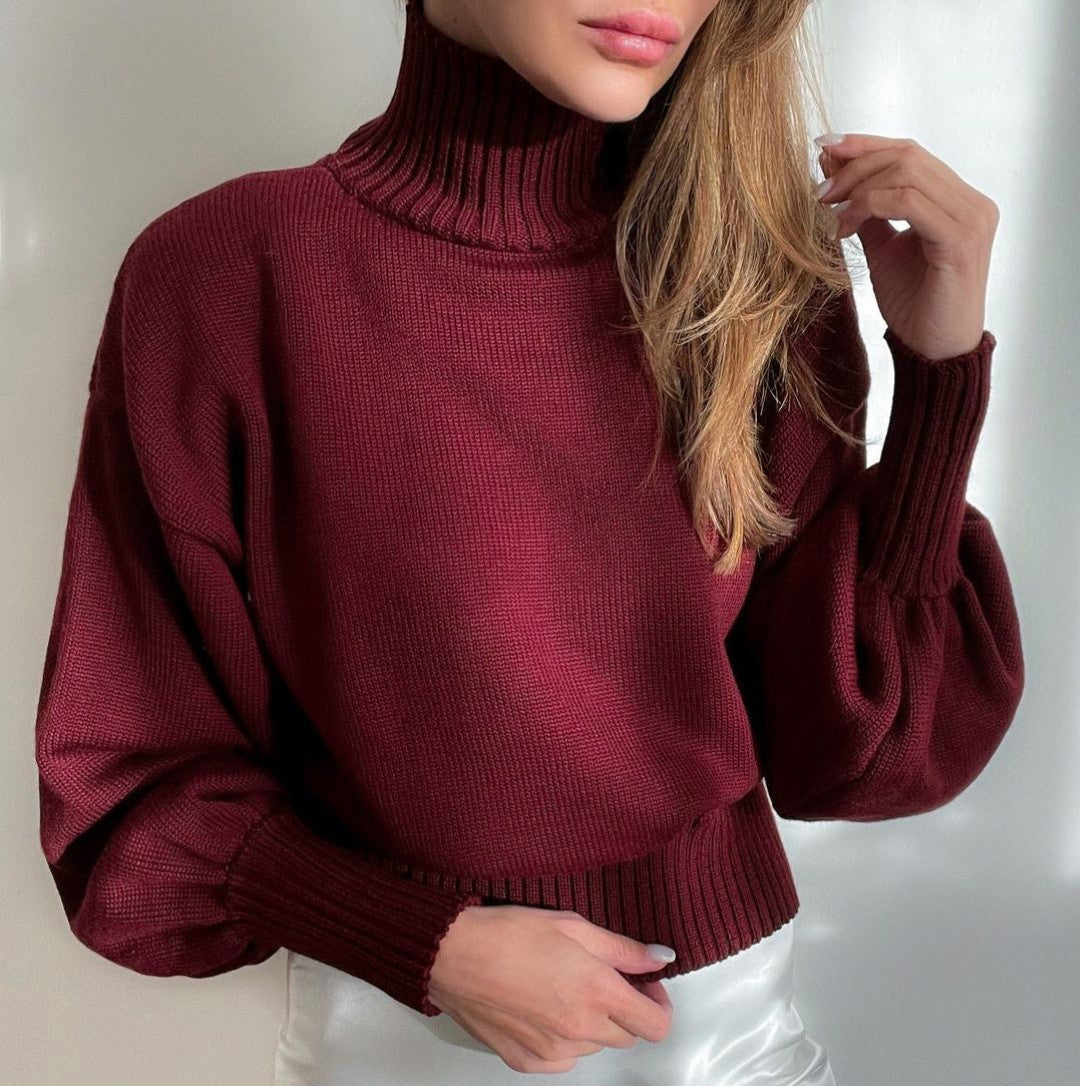Puff Sleeve Ribbed Waist Turtleneck Sweater - Red