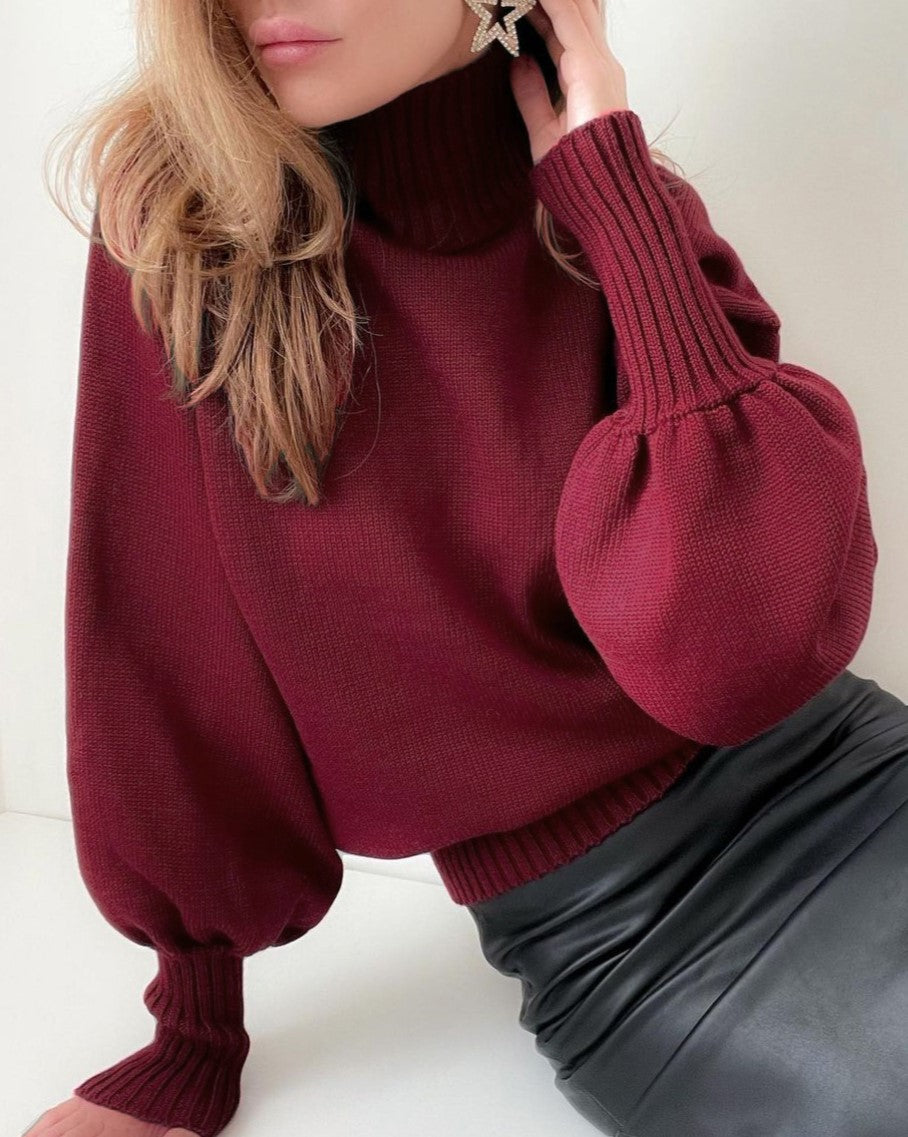Puff Sleeve Ribbed Waist Turtleneck Sweater - Red - 1