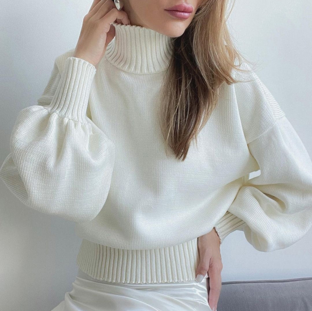 Puff Sleeve Ribbed Waist Turtleneck Sweater - White