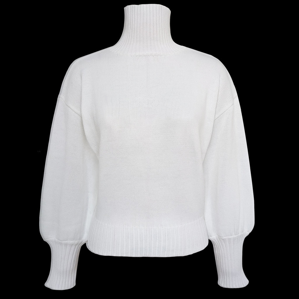 Puff Sleeve Ribbed Waist Turtleneck Sweater - White - 1
