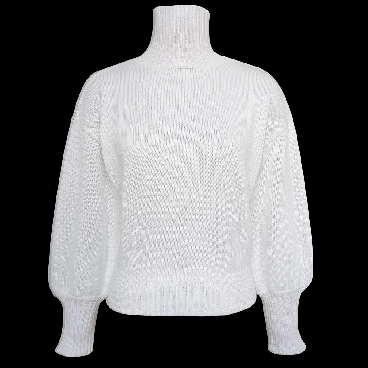 Puff Sleeve Ribbed Waist Turtleneck Sweater - White - 1