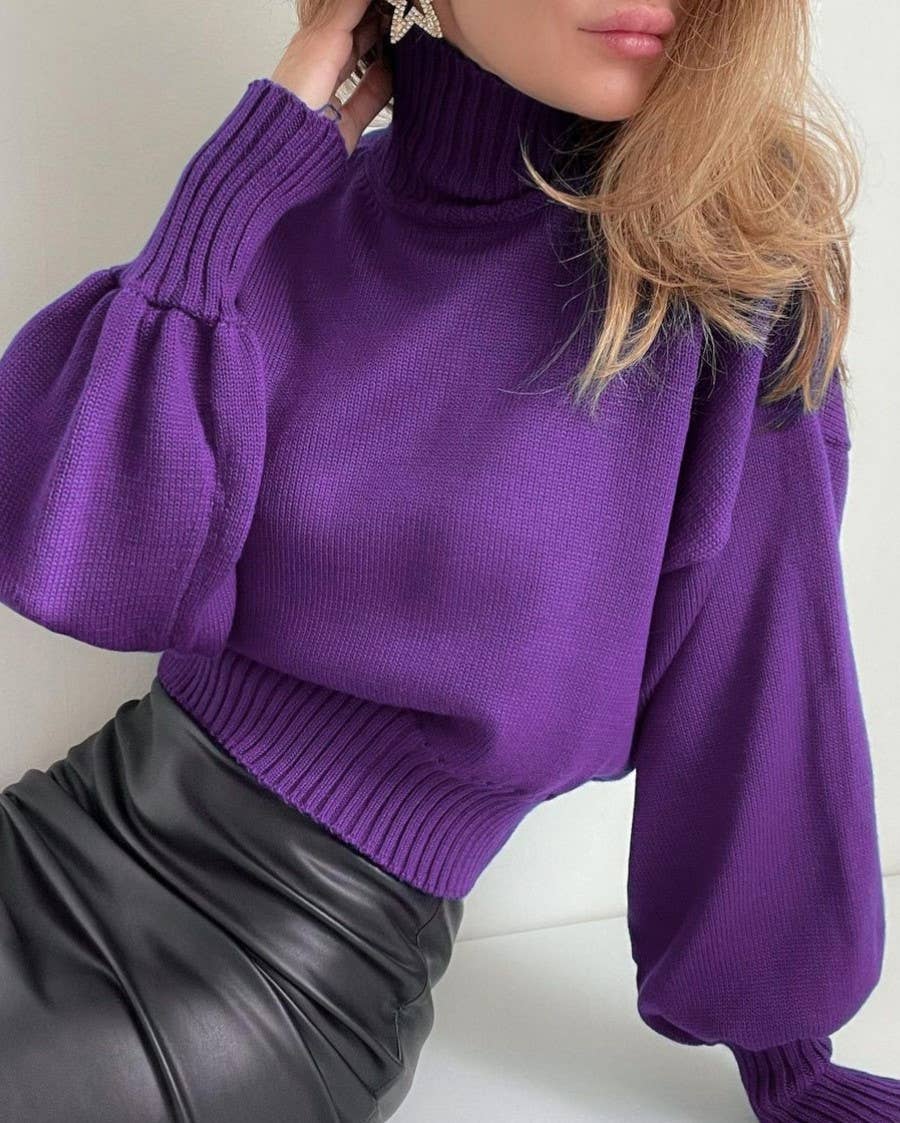 Puff Sleeve Ribbed Waist Turtleneck Sweater