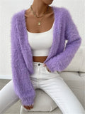 Fuzzy Eyelash Knit Open Cropped Cardigan - Purple