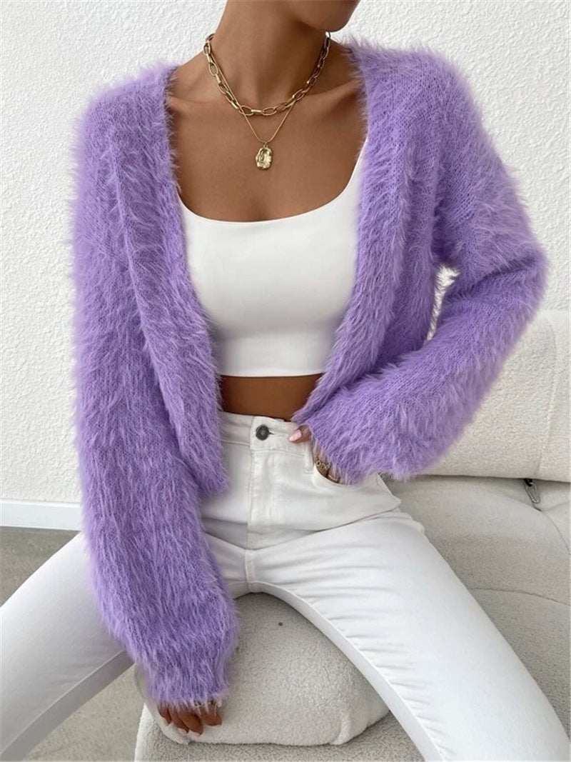 Fuzzy Eyelash Knit Open Cropped Cardigan - Purple