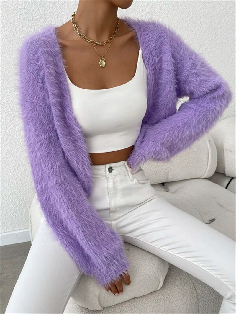 Fuzzy Eyelash Knit Open Cropped Cardigan - Purple - 1