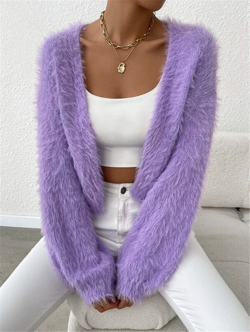 Fuzzy Eyelash Knit Open Cropped Cardigan - Purple - 3