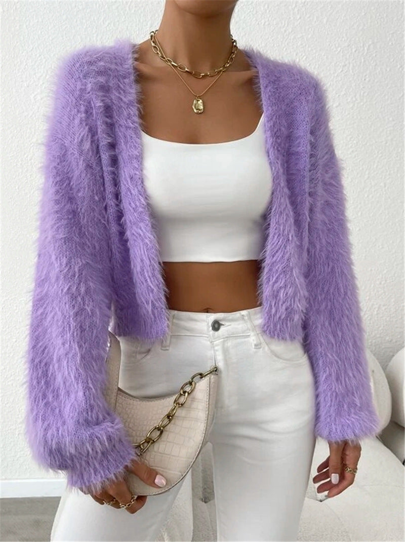 Fuzzy Eyelash Knit Open Cropped Cardigan - Purple - 4