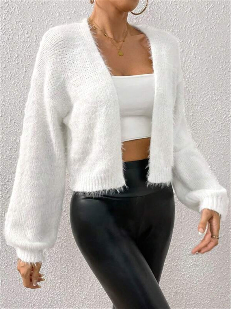 Fuzzy Eyelash Knit Open Cropped Cardigan - White