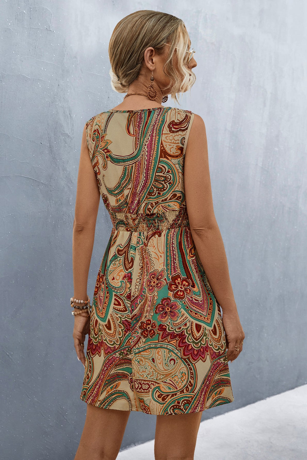Paisley Print Knot Strap Mini Dress - Taupe - 6