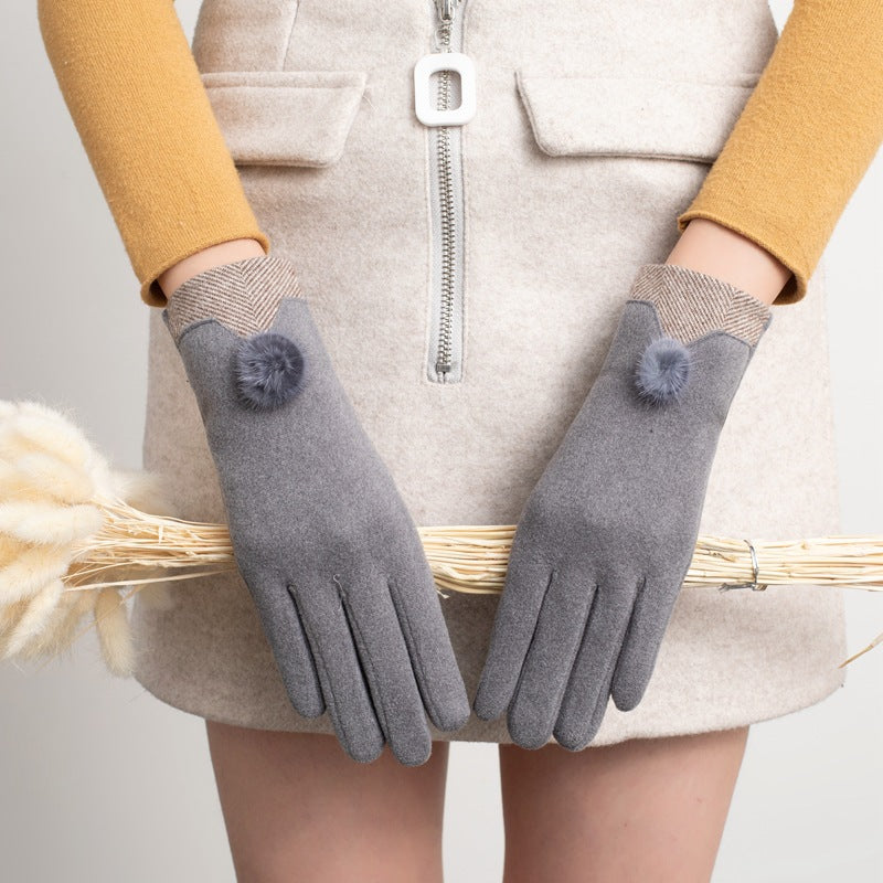Fur Pom Cat Ear Cuff Winter Gloves - Grey