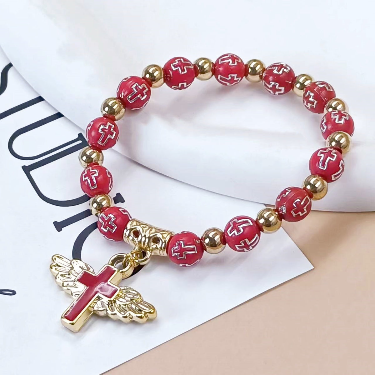 Cross Wing Charm Stretch Beaded Bracelet - Red