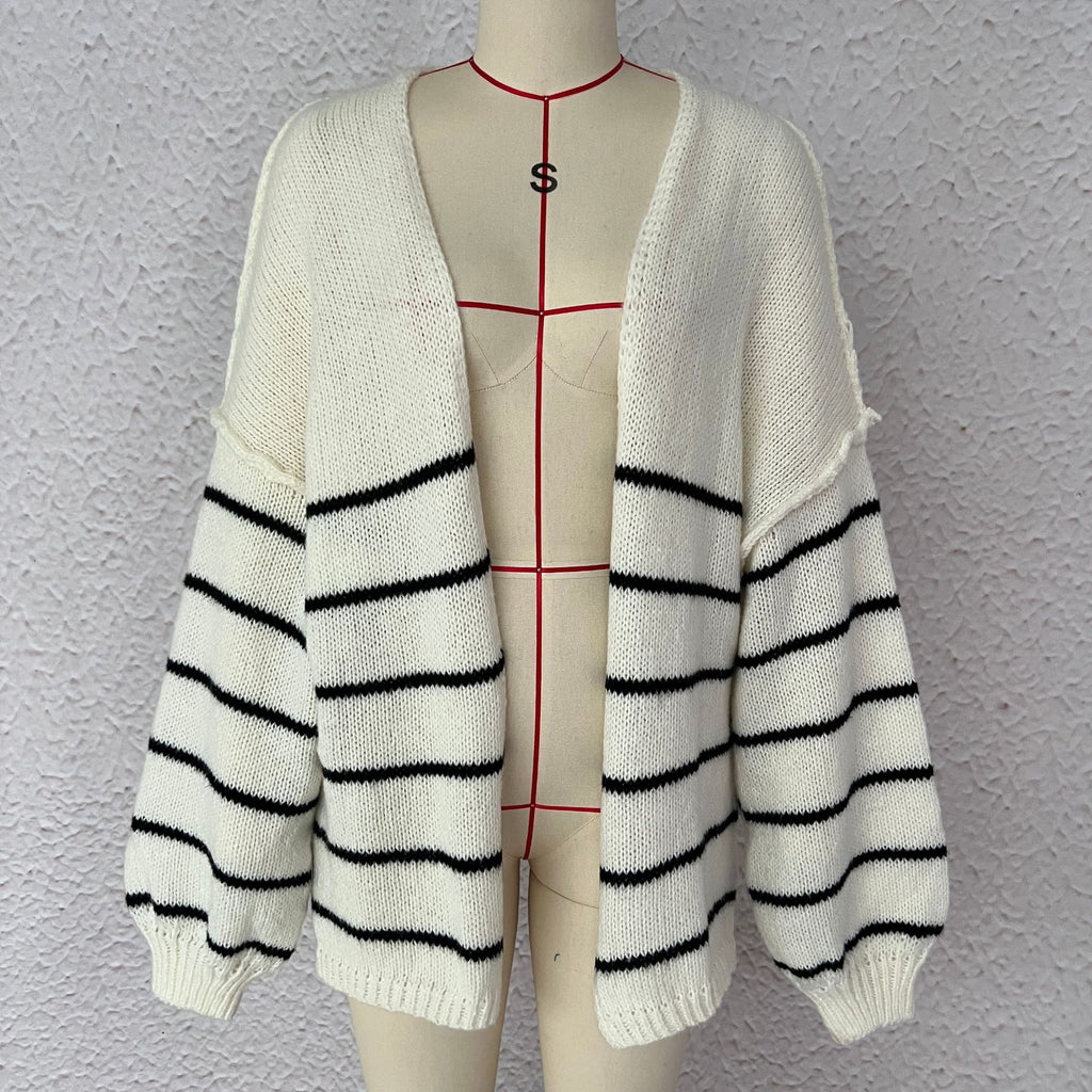 Oversized Striped Open Front Knit Cardigan - Beige