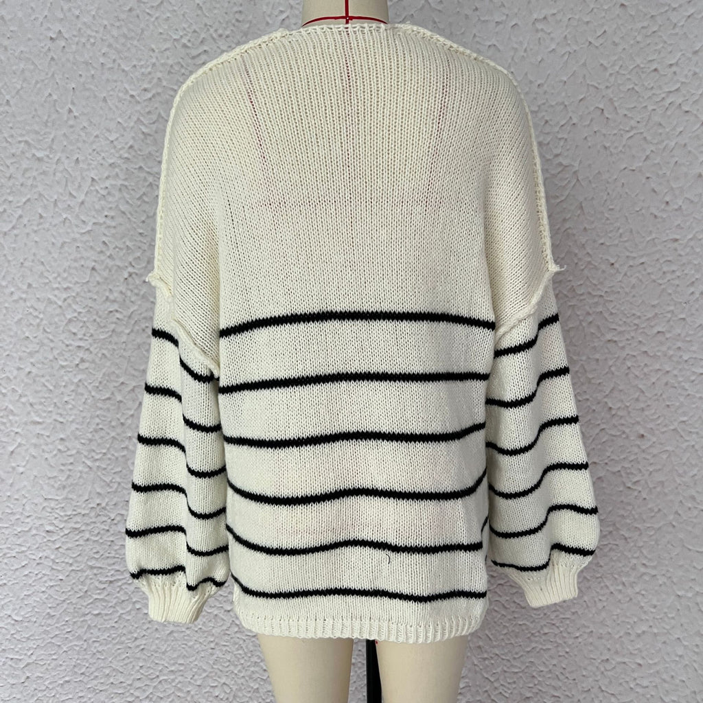 Oversized Striped Open Front Knit Cardigan - Beige - 1