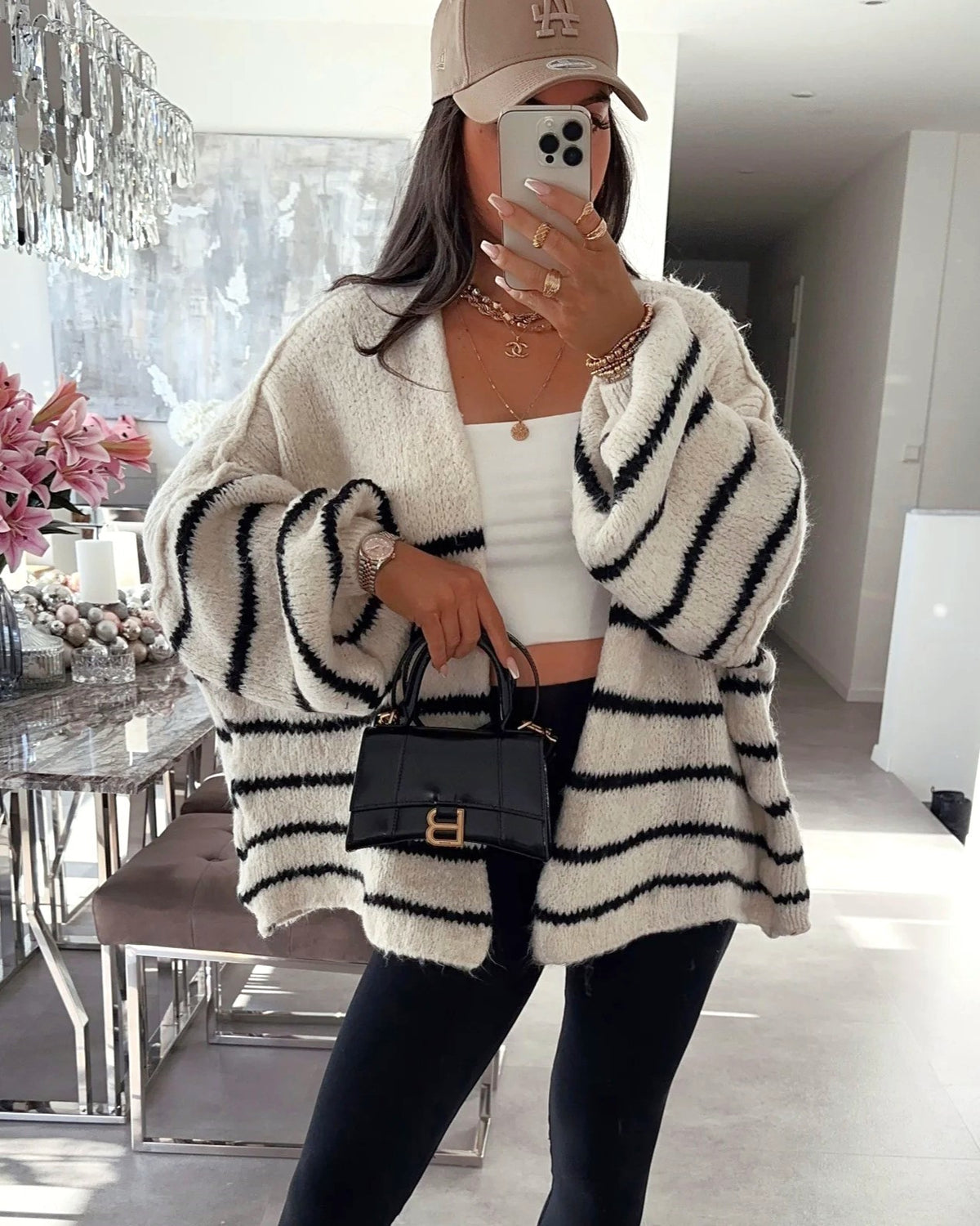 Oversized Striped Open Front Knit Cardigan - Beige - 2