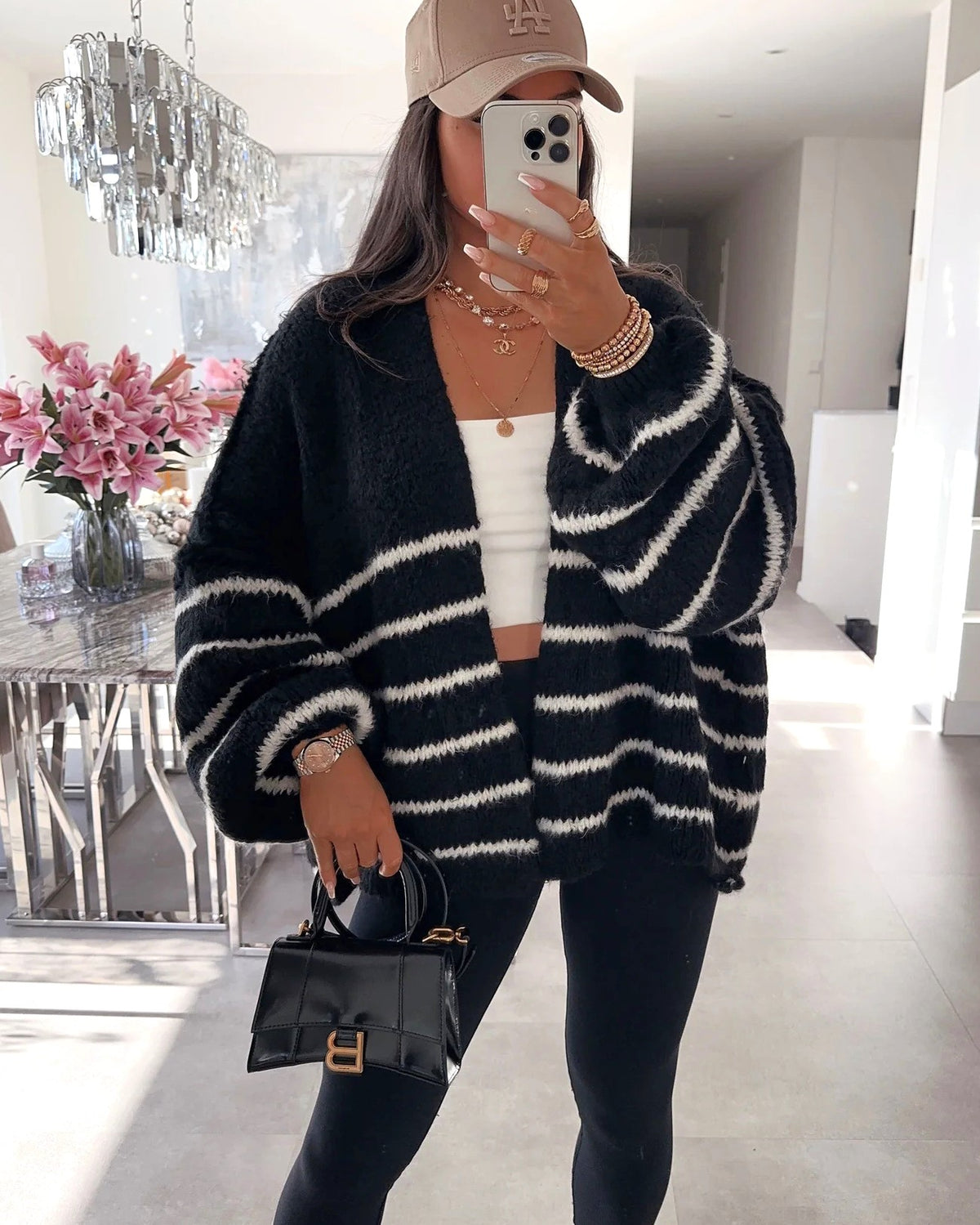 Oversized Striped Open Front Knit Cardigan - Black