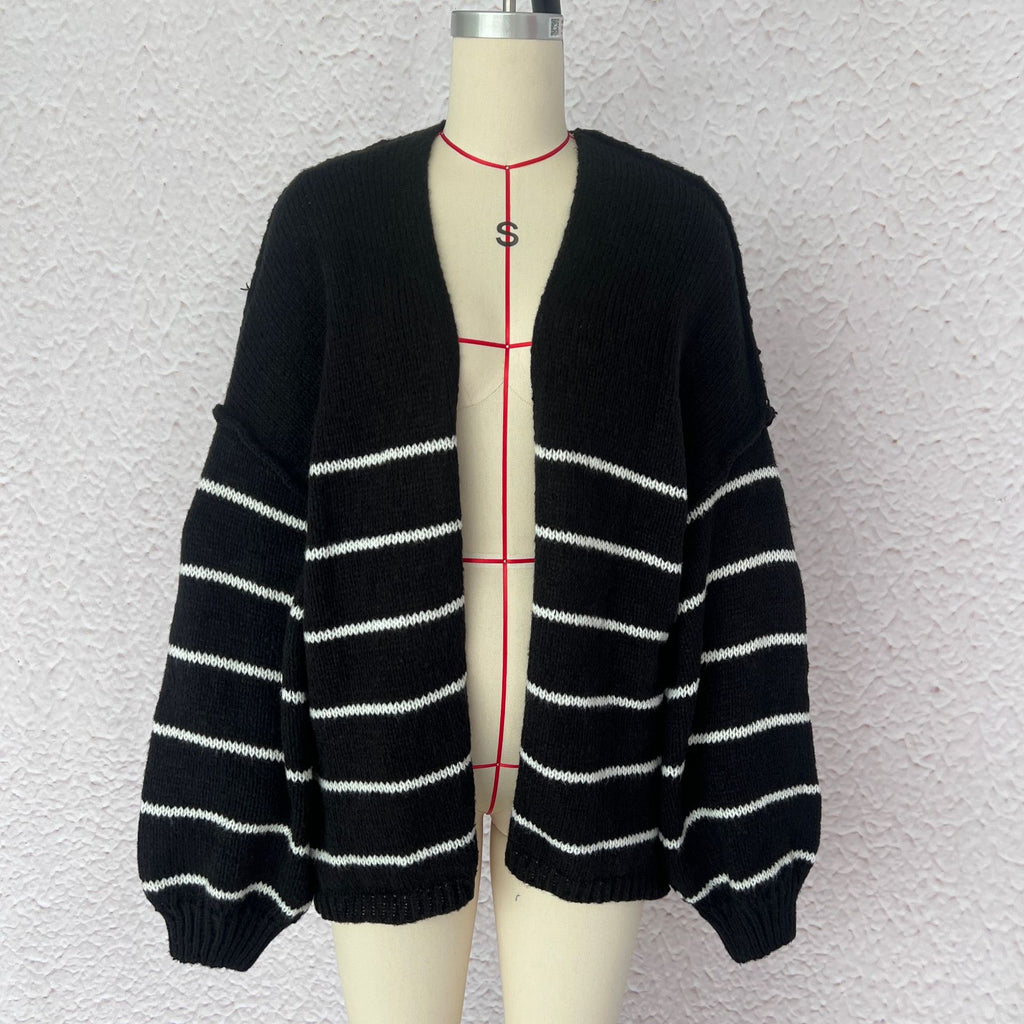 Oversized Striped Open Front Knit Cardigan - Black - 1