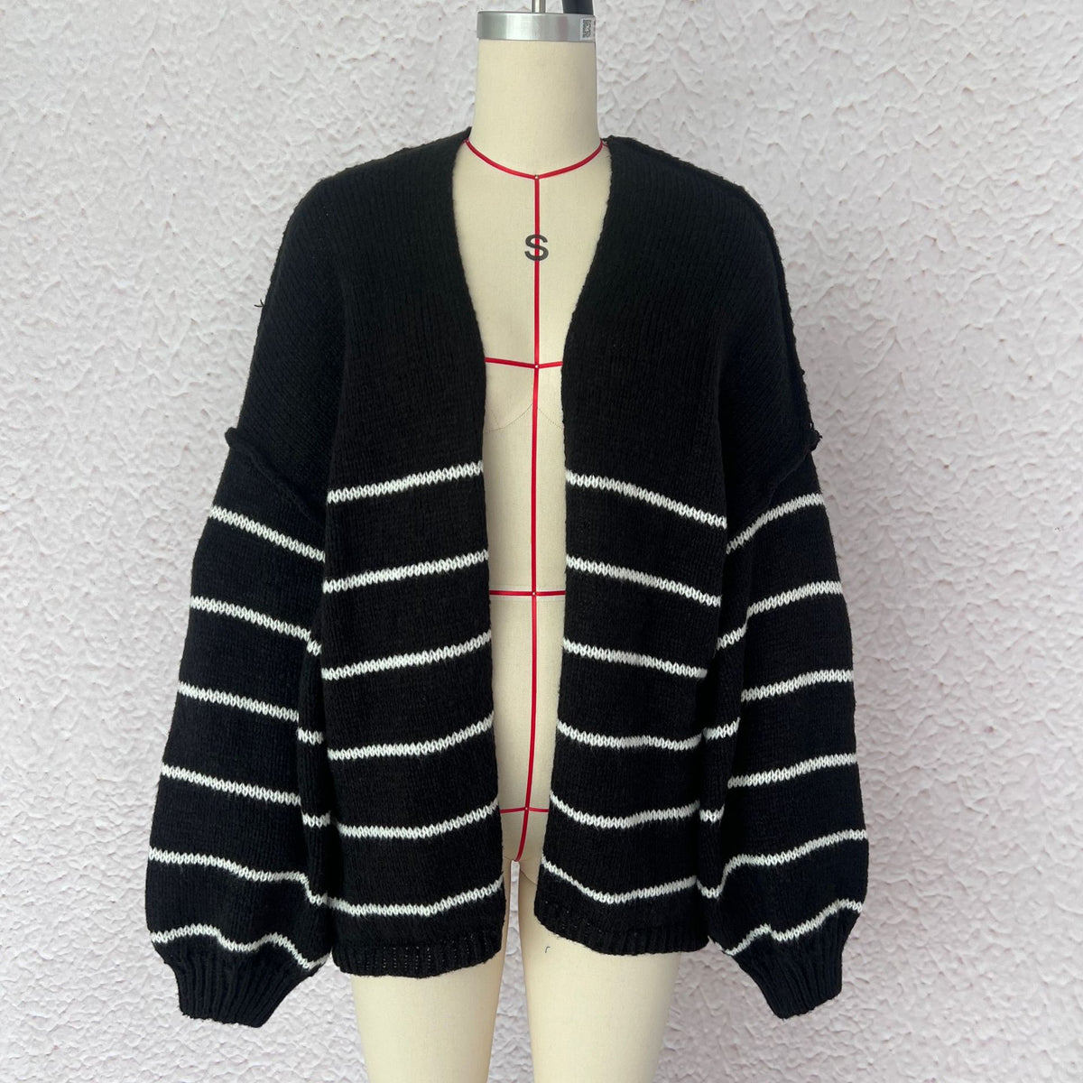 Oversized Striped Open Front Knit Cardigan - Black - 1
