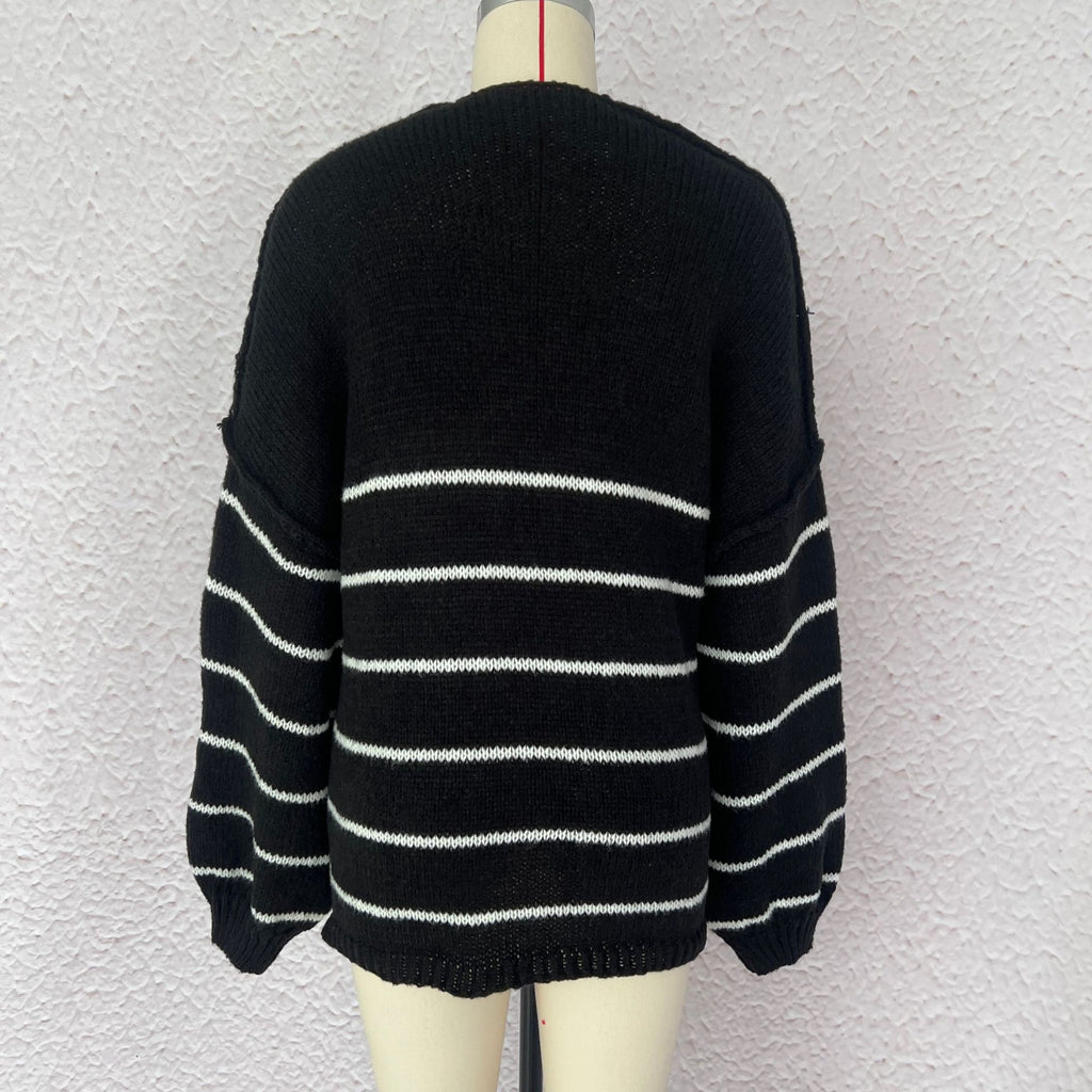 Oversized Striped Open Front Knit Cardigan - Black - 2