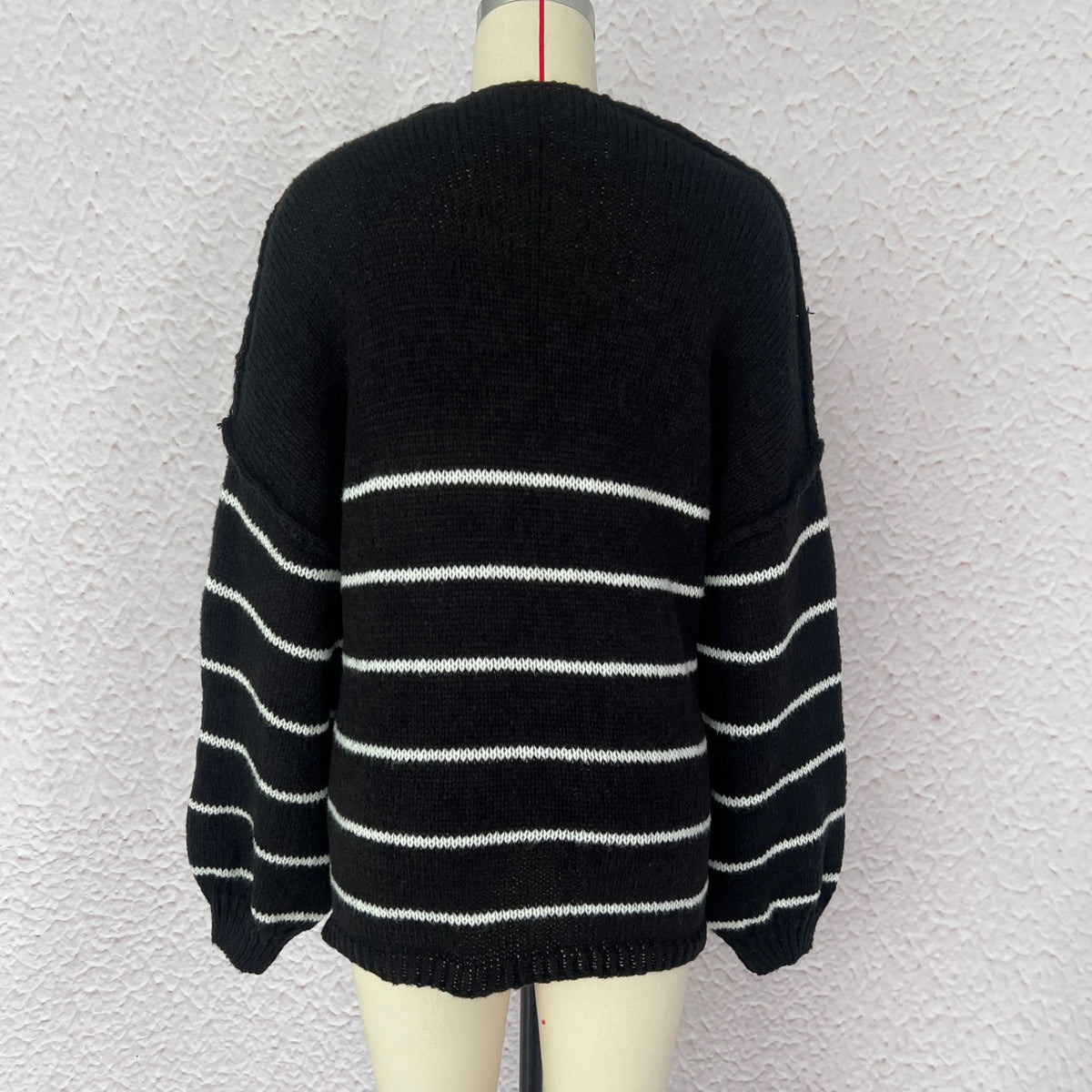 Oversized Striped Open Front Knit Cardigan - Black - 2