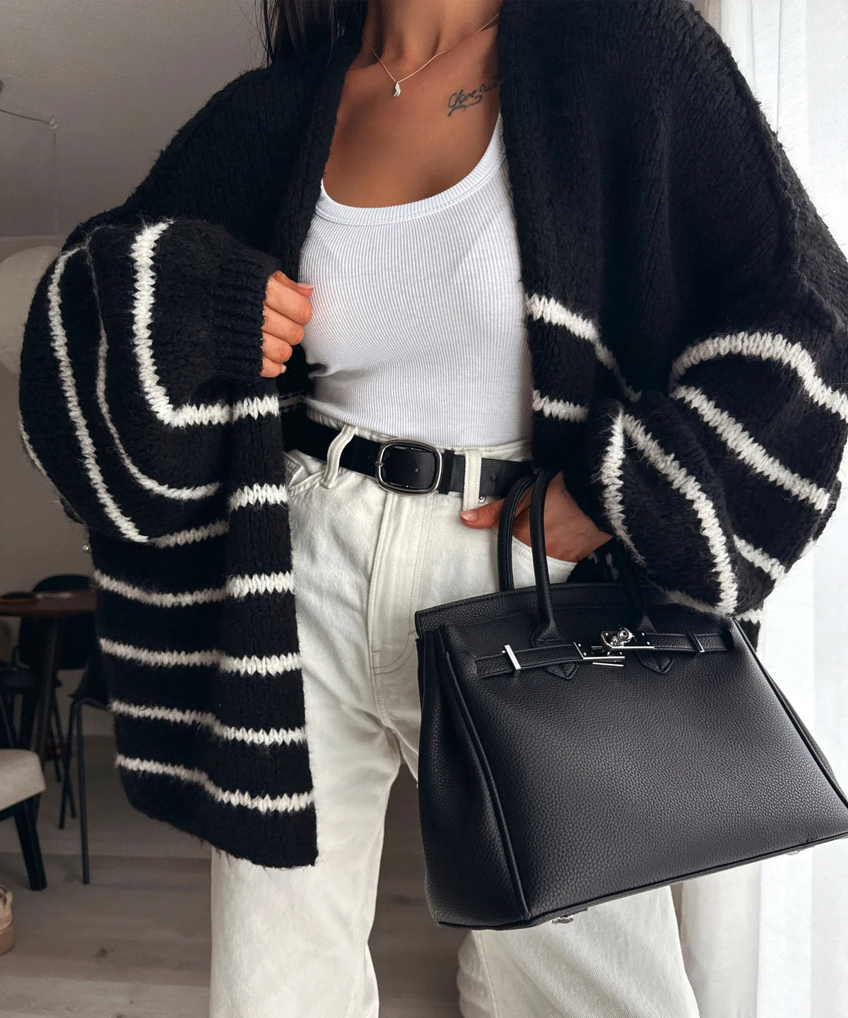 Oversized Striped Open Front Knit Cardigan - Black - 3
