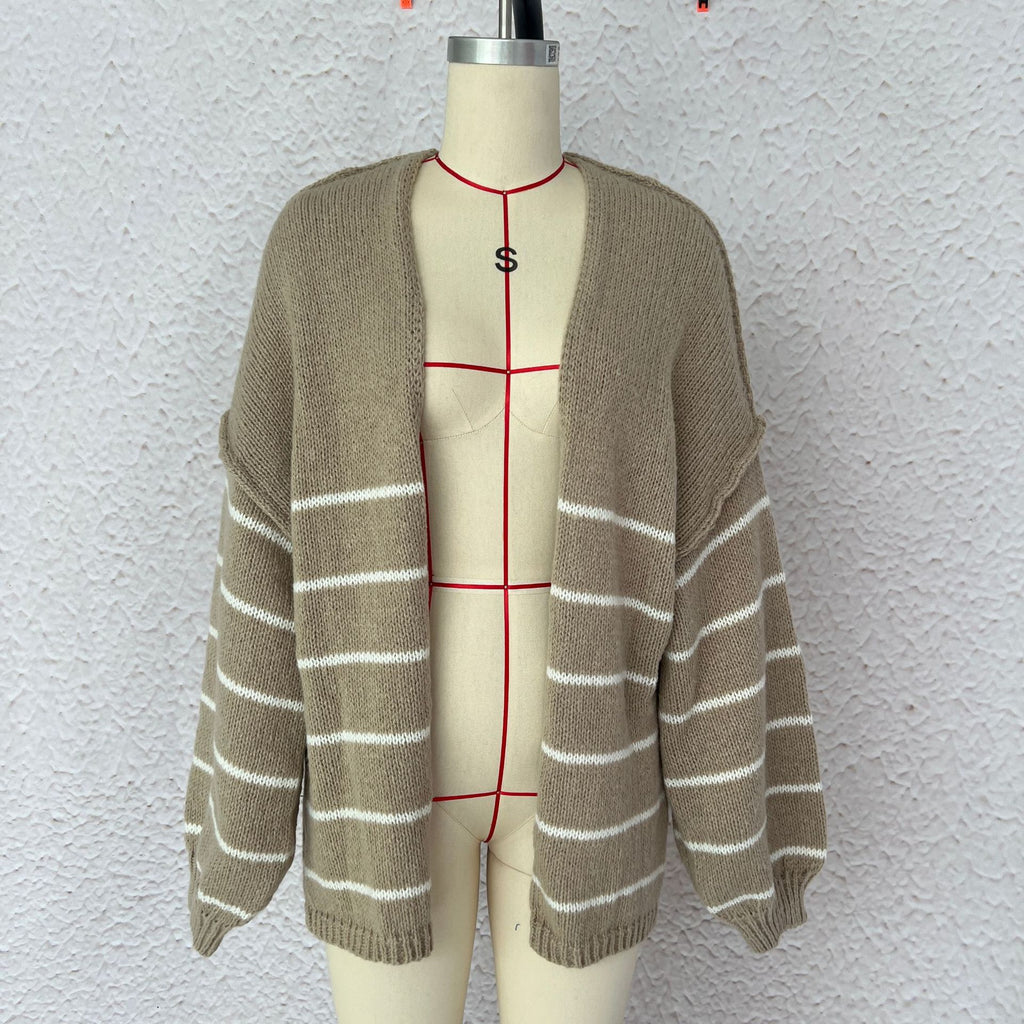 Oversized Striped Open Front Knit Cardigan - Khaki