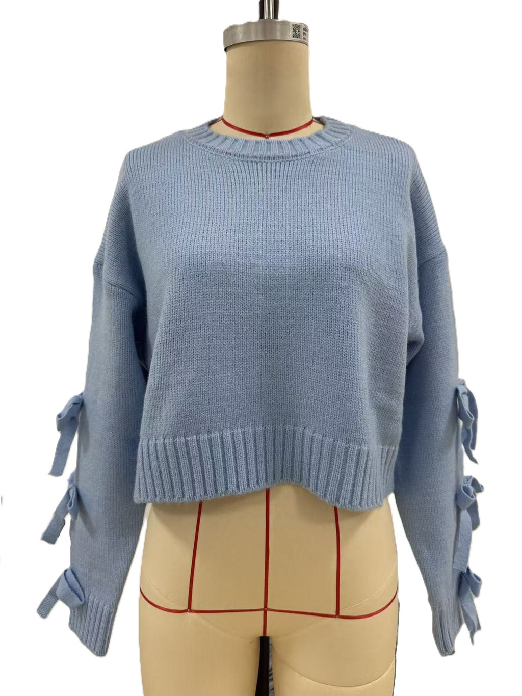 Cropped Crewneck Sweater with Bow Tie Sleeves - Blue - 1