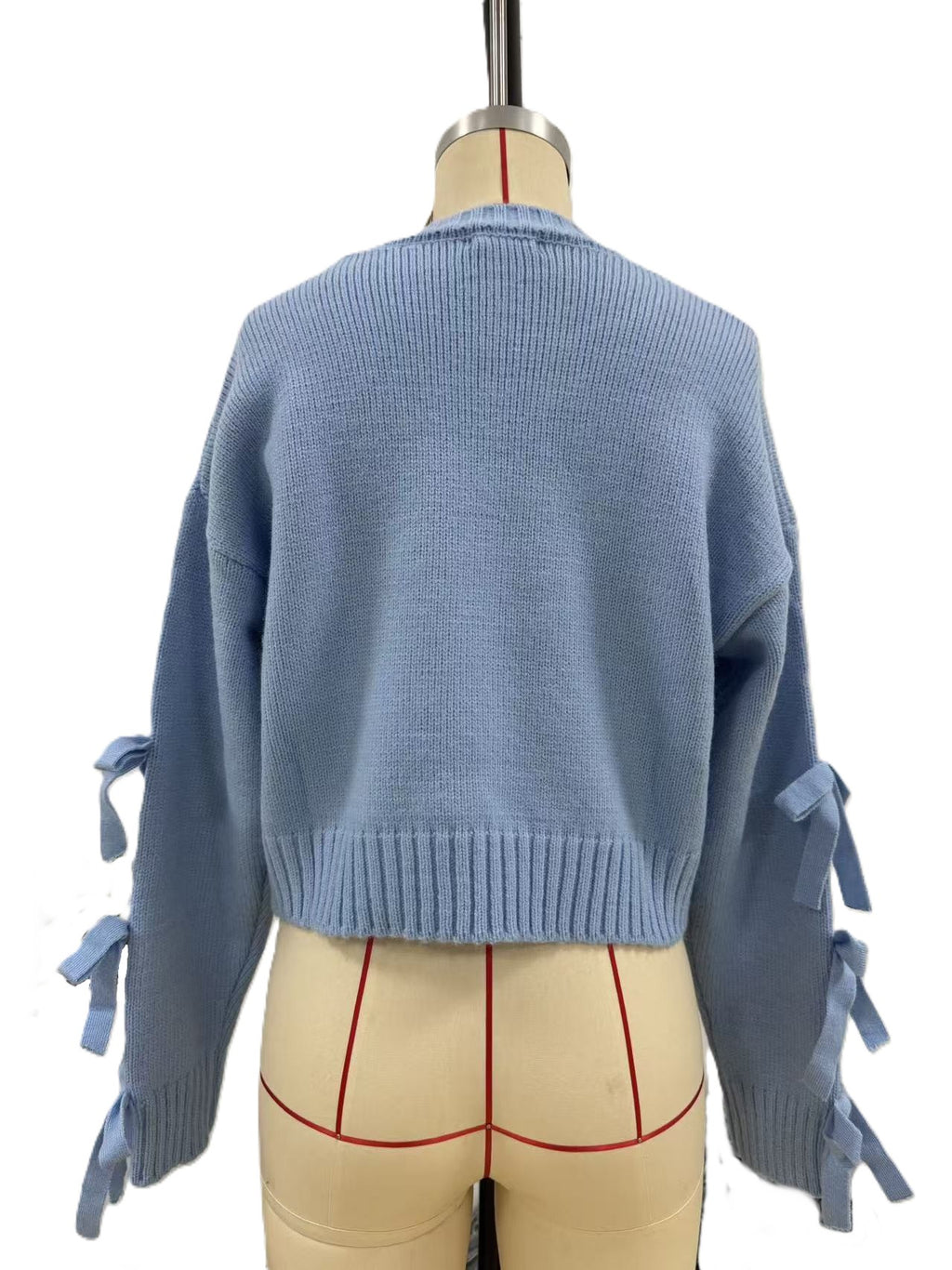 Cropped Crewneck Sweater with Bow Tie Sleeves - Blue - 2