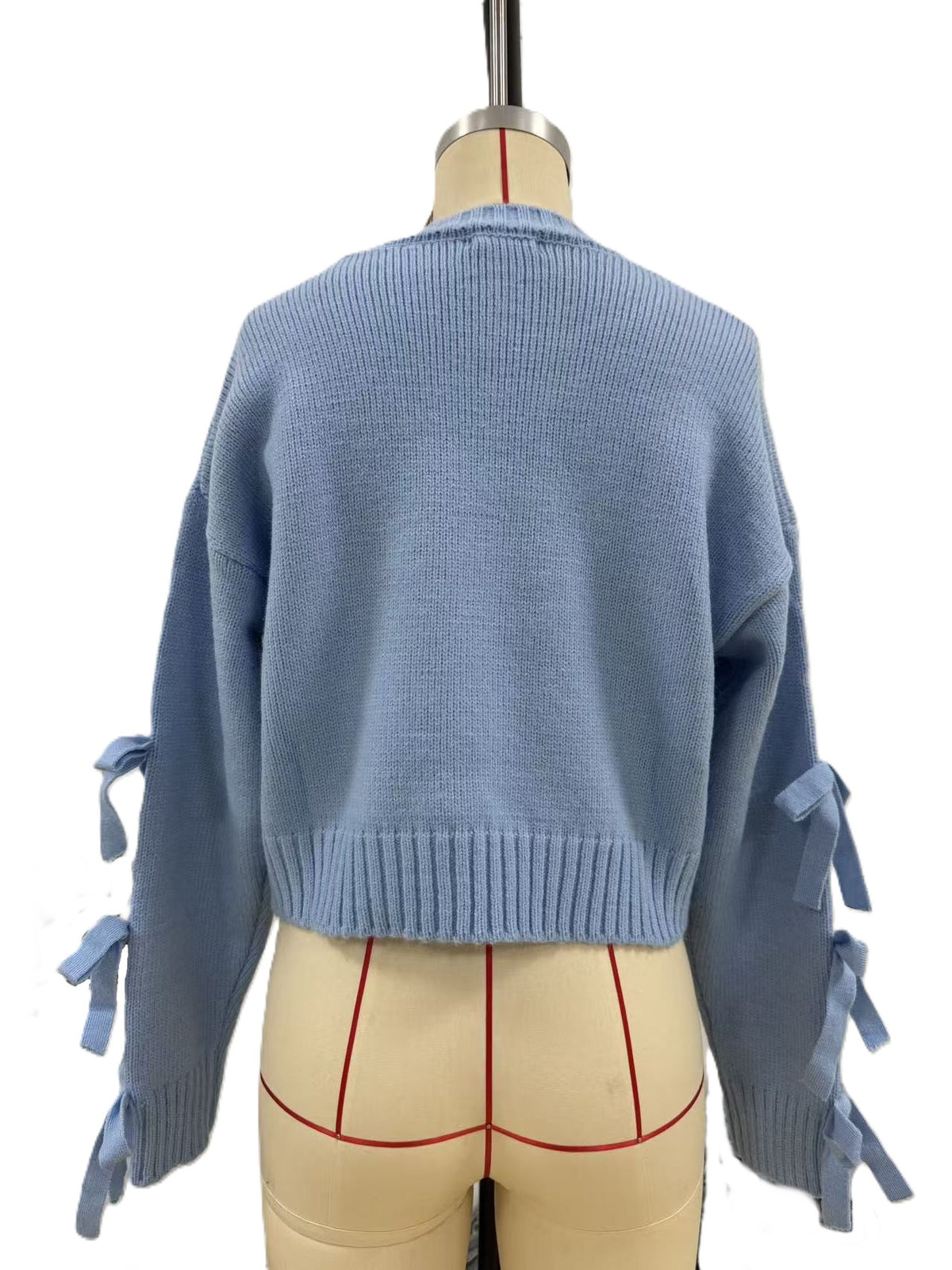 Cropped Crewneck Sweater with Bow Tie Sleeves - Blue - 2
