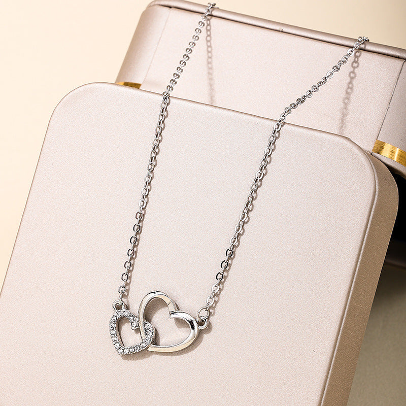 Interlocking Double Heart Pendant Necklace - Silver