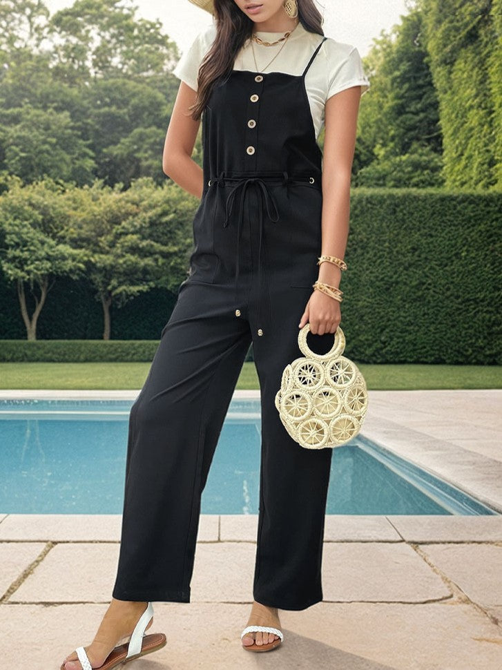 Buttoned Wide Leg Suspender Jumpsuit - Black - 1