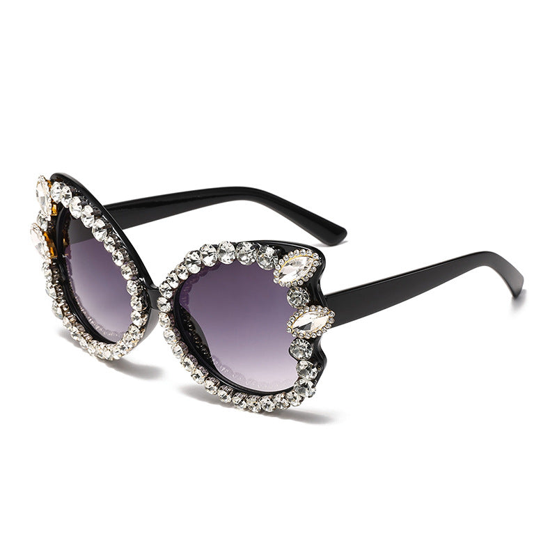 Rhinestone Trim Oversized Butterfly Sunglasses - Black