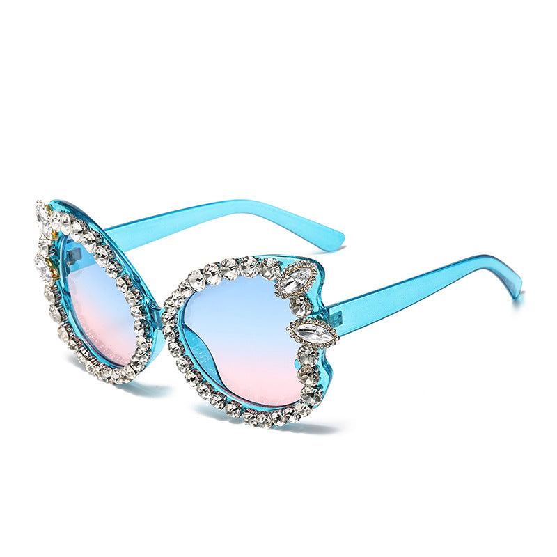 Rhinestone Trim Oversized Butterfly Sunglasses - Blue