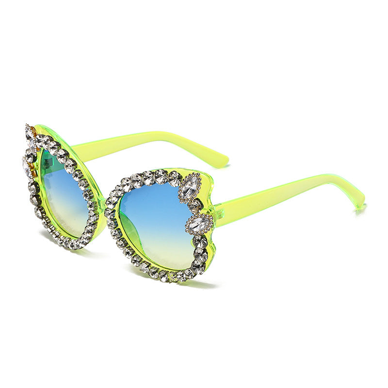 Rhinestone Trim Oversized Butterfly Sunglasses - Green