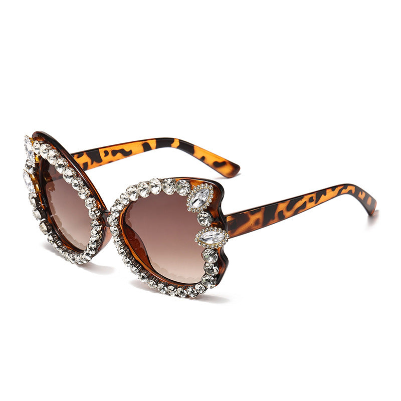 Rhinestone Trim Oversized Butterfly Sunglasses - Leopard