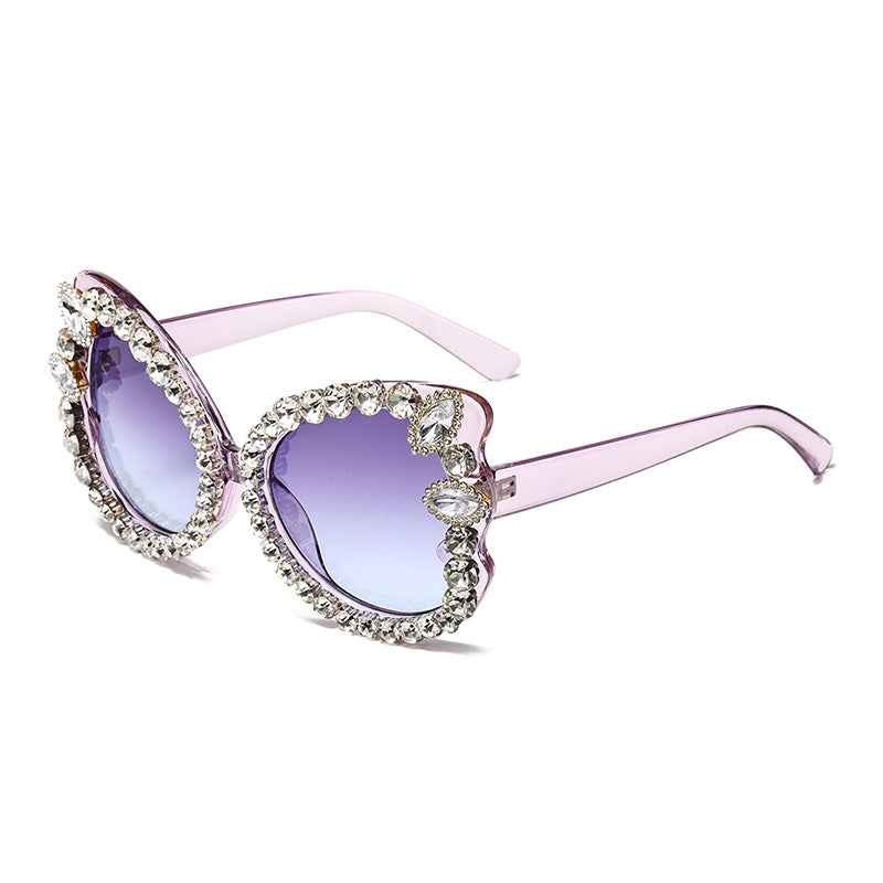 Rhinestone Trim Oversized Butterfly Sunglasses - Purple