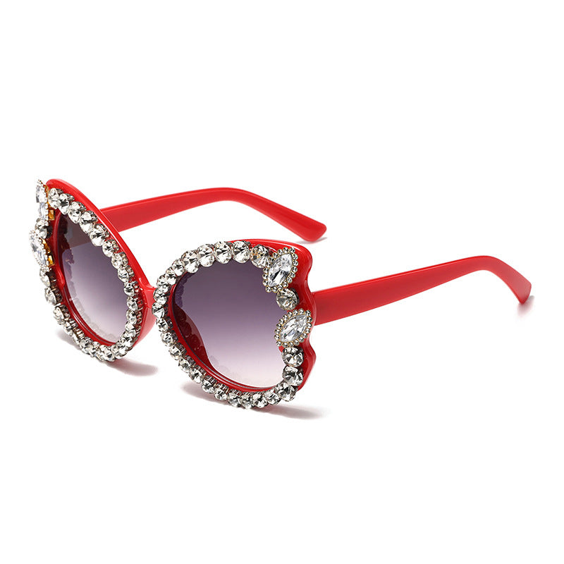 Rhinestone Trim Oversized Butterfly Sunglasses - Red