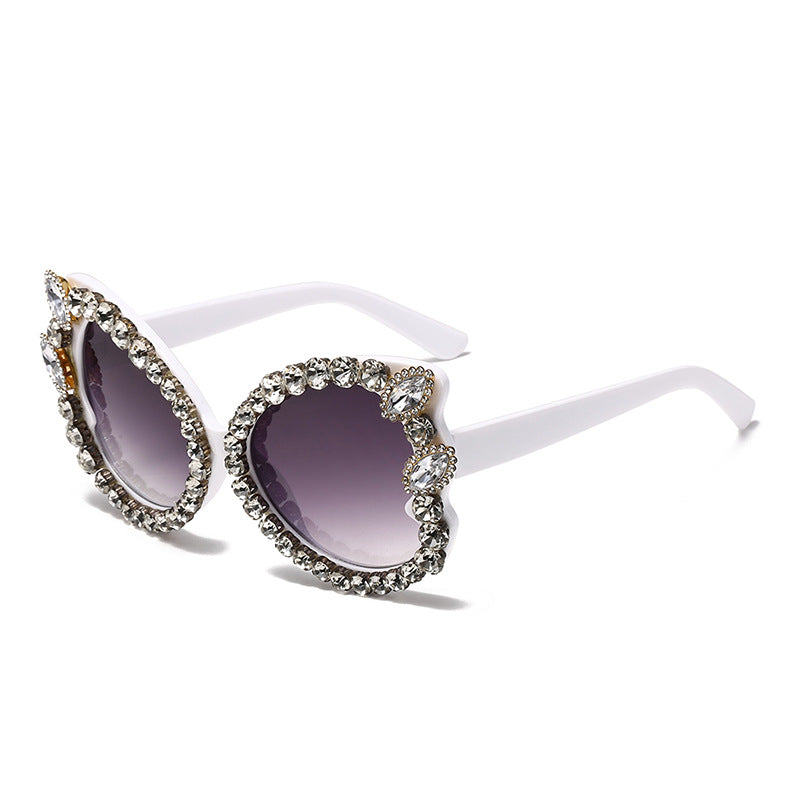 Rhinestone Trim Oversized Butterfly Sunglasses - White