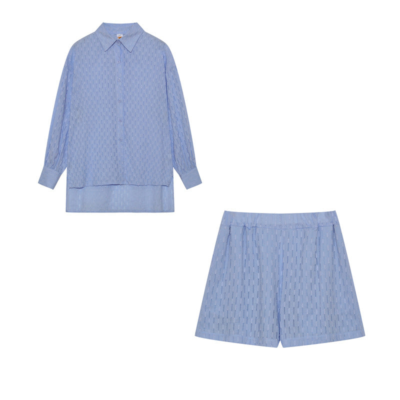 Textured Jacquard Shirt And Shorts Set - Blue