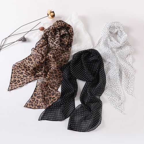 Airy Skinny Neck Scarf in Polka-Dot & Leopard Prints