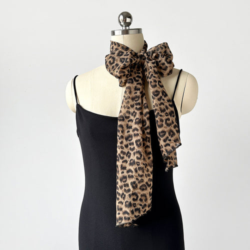 Airy Skinny Neck Scarf in Polka-Dot & Leopard Prints - Leopard