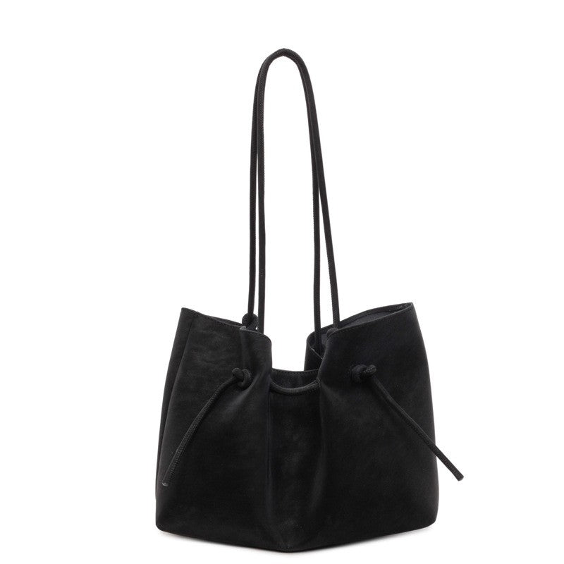 Faux Suede Drawstring Tote Bag with Pouch - Black