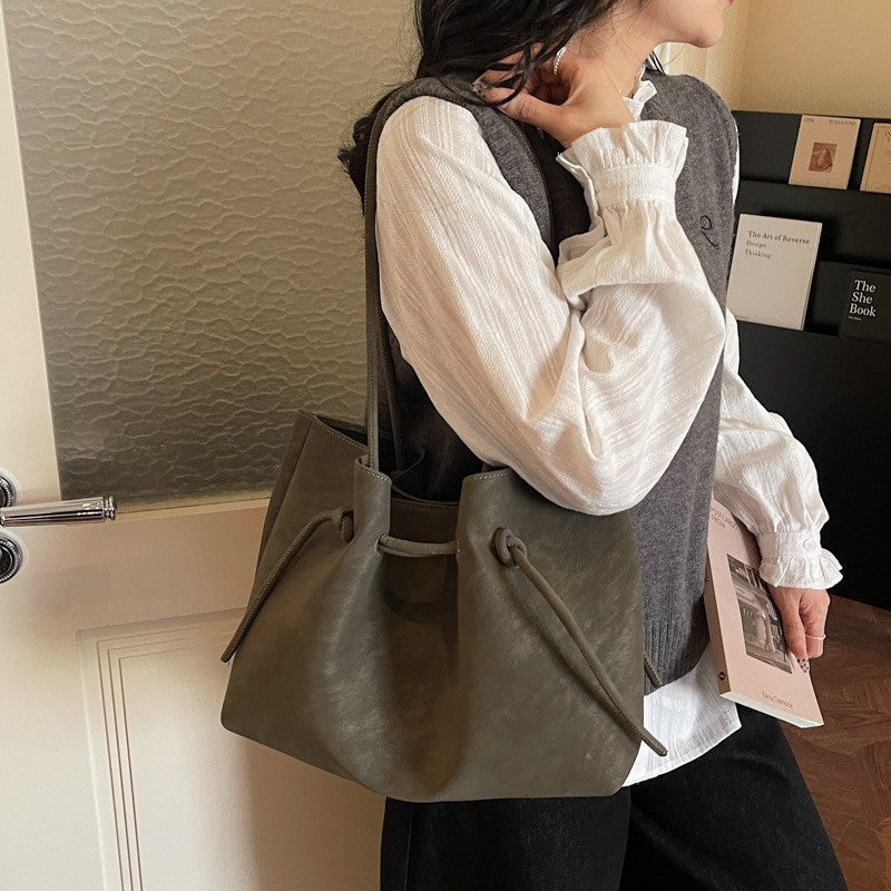 Faux Suede Drawstring Tote Bag with Pouch