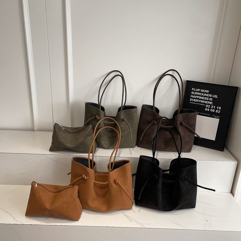 Faux Suede Drawstring Tote Bag with Pouch