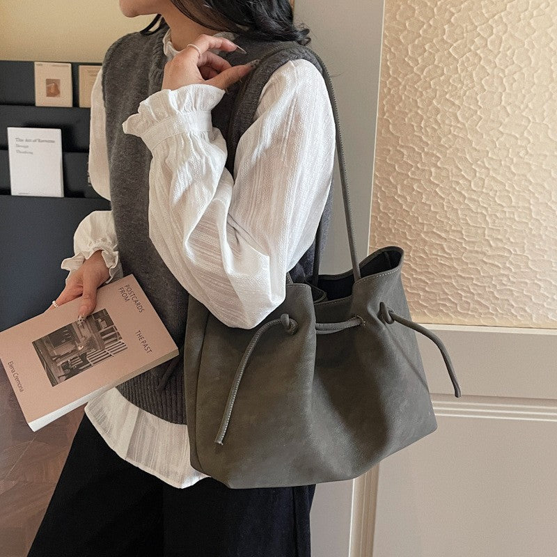 Faux Suede Drawstring Tote Bag with Pouch