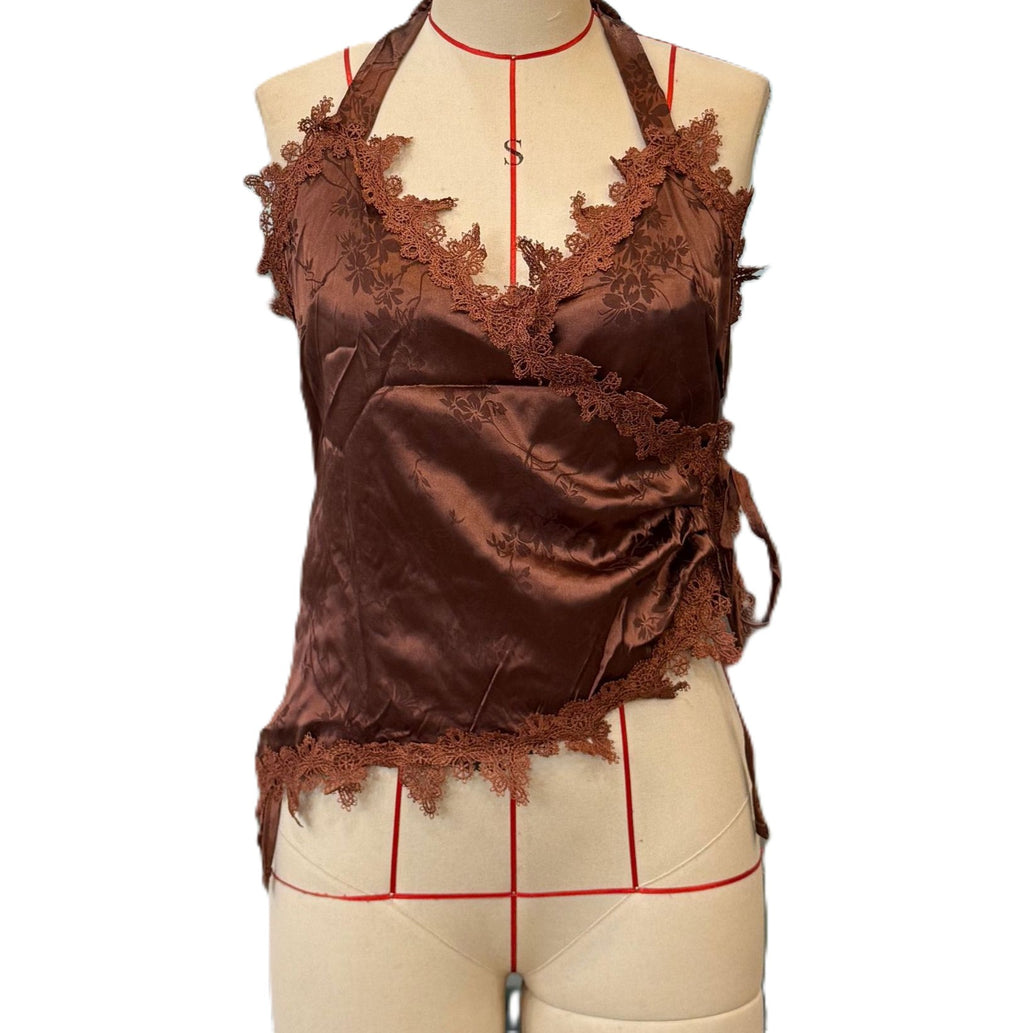 Satin Halter Camisole With Floral Lace Trim - Brown
