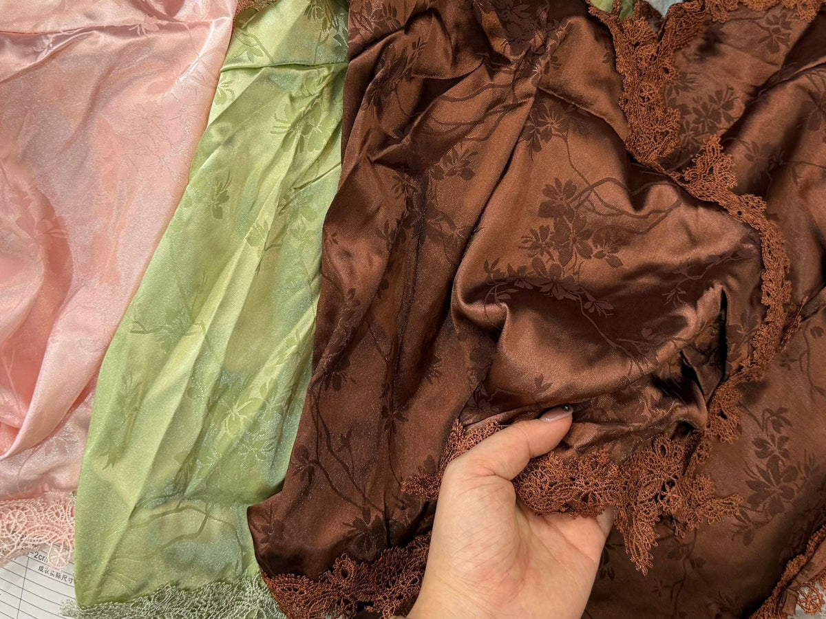 Satin Halter Camisole With Floral Lace Trim - Brown - 1