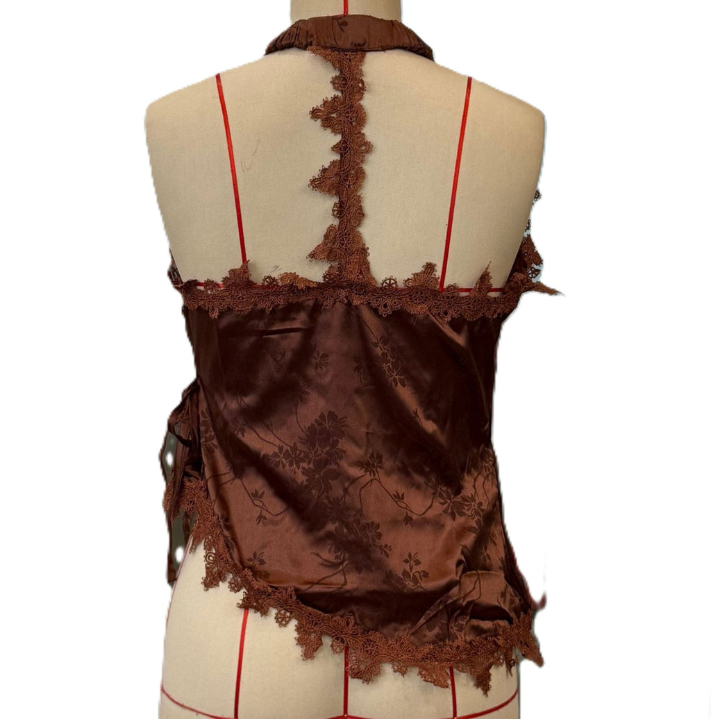 Satin Halter Camisole With Floral Lace Trim - Brown - 2